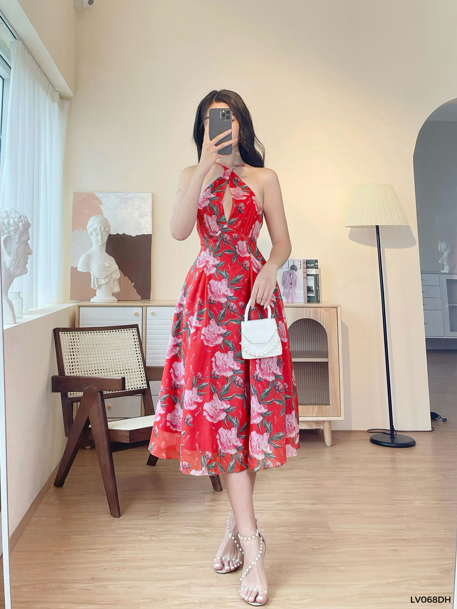 Váy đỏ chiết eo đan lưng 1lv068dh lep'
