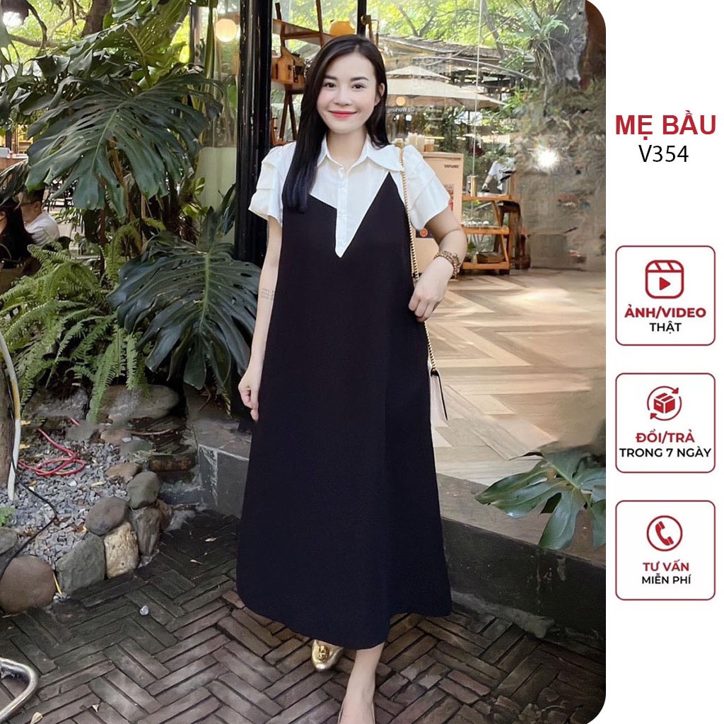 Đầm bầu váy bầu sơ mi công sở dáng suông thanh lịch -v39