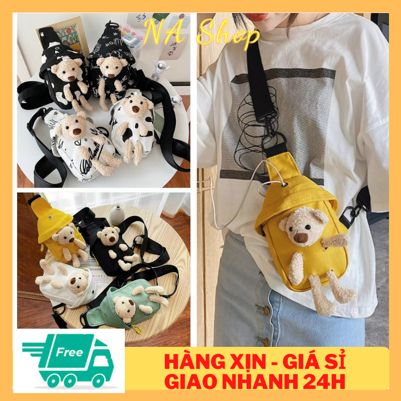 [Freeship - Giao nhanh] Túi Đeo Chéo Kèm Gấu Bông, Túi Vải Tote - Có lỗ thông tai nghe, dây sạc điện thoại