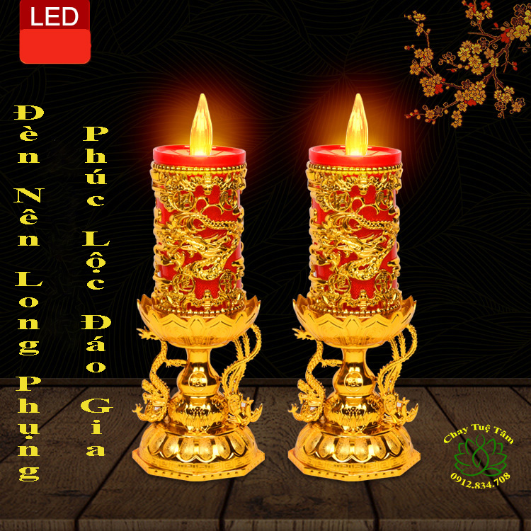 CẶP ĐÈN NẾN LONG PHỤNG, ĐÈN LED CHẠY BẰNG PIN, DÙNG THỜ CÚNG, BÀN THỜ - THẦN TÀI - ÔNG ĐỊA-ĐỀN CHÙA, ĐÈN THỜ CÚNG