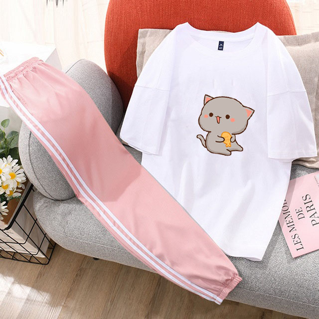 [SIÊU CUTE 106] Sét Bộ Đồ Quần Áo Nữ Đẹp Giá Rẻ Ngắn Tay Mặc Đi Chơi Xinh Cute - Mặc Ở Nhà Dễ Thương Cho Học Sinh Cấp 2-3, Combo Áo Thun Phông Trắng Coton Organic Cổ Tròn In 3D Mèo Cá Kèm Quần Thun Bo Chun Gấu