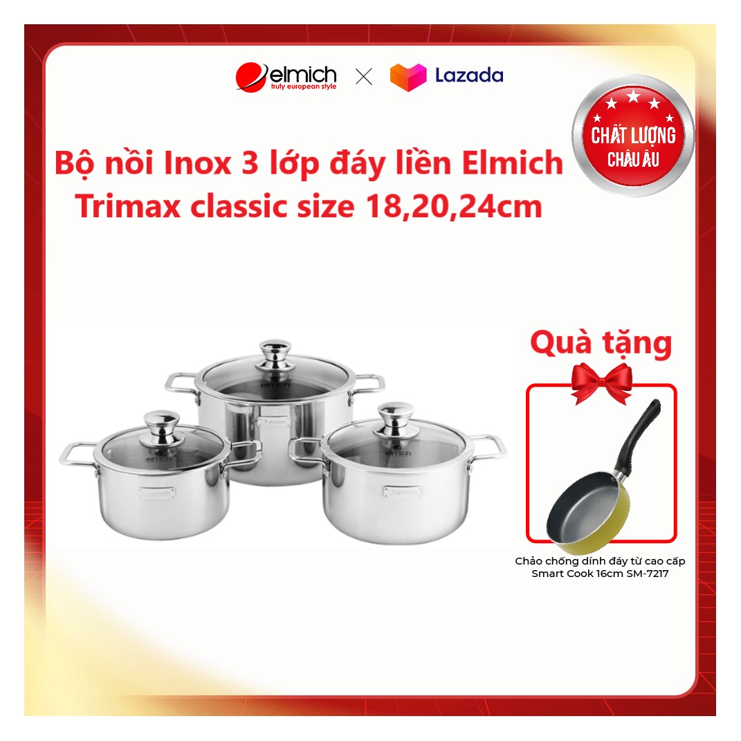Bộ nồi Inox 3 lớp đáy liền Elmich Trimax classic 2106OL size 18,20,24cm