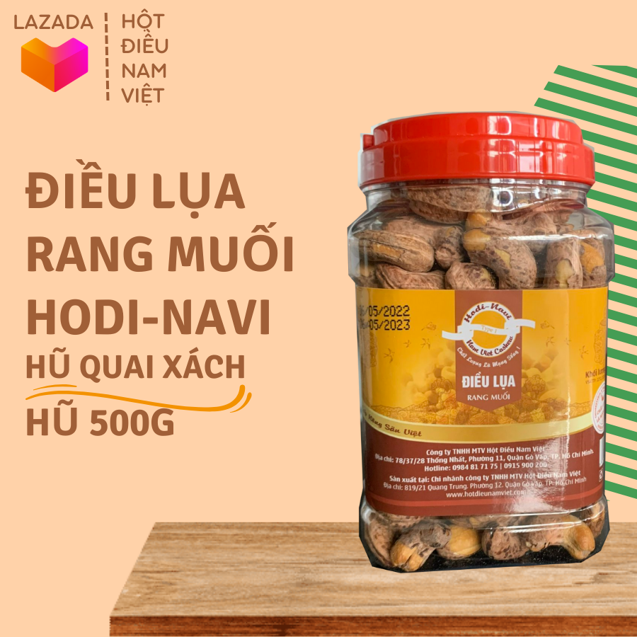 Điều lụa rang muối Hodi - Navi hũ quai xách 500g, điều nguyên vỏ, đóng gói hợp vệ sinh thích hợp làm quà tặng cho người thân