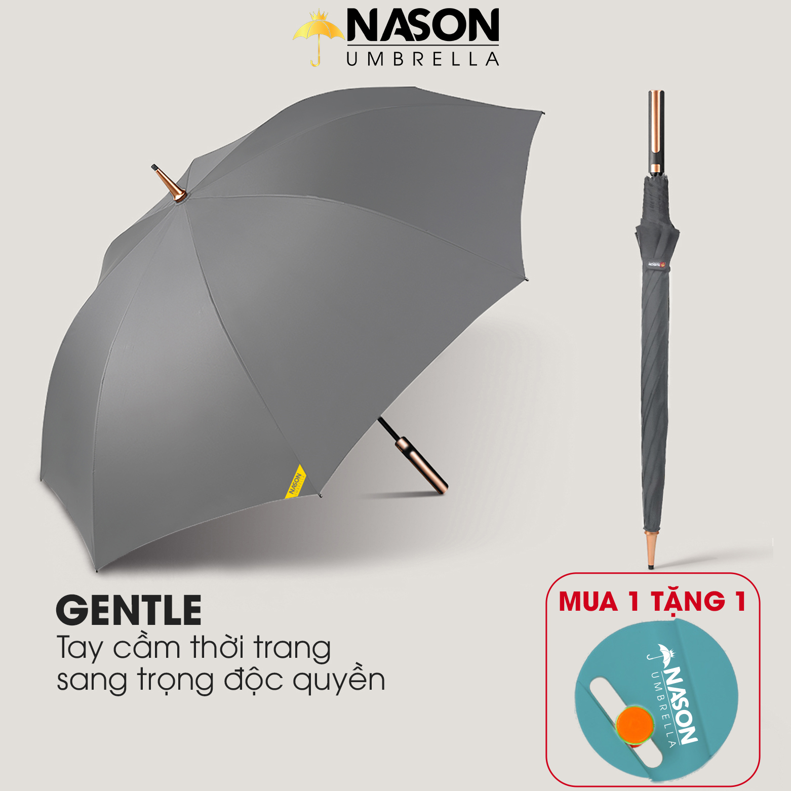 Ô dù thẳng đi mưa  Nason Umbrella CÁN NHỰA CAO CẤP - Tán rộng 27 inch -  Khung sợi thủy tinh chống lật bền bỉ