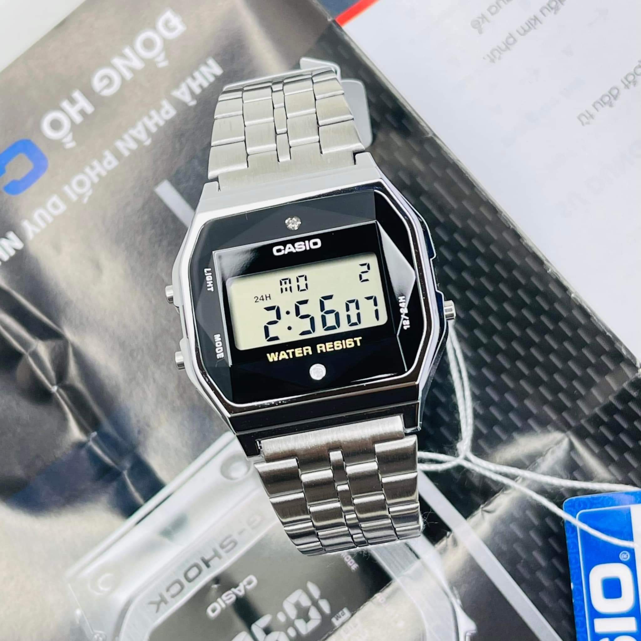 Đồng hồ dây kim loại Casio A159WAD-1DF đính kim cương size unisex Nam nữ