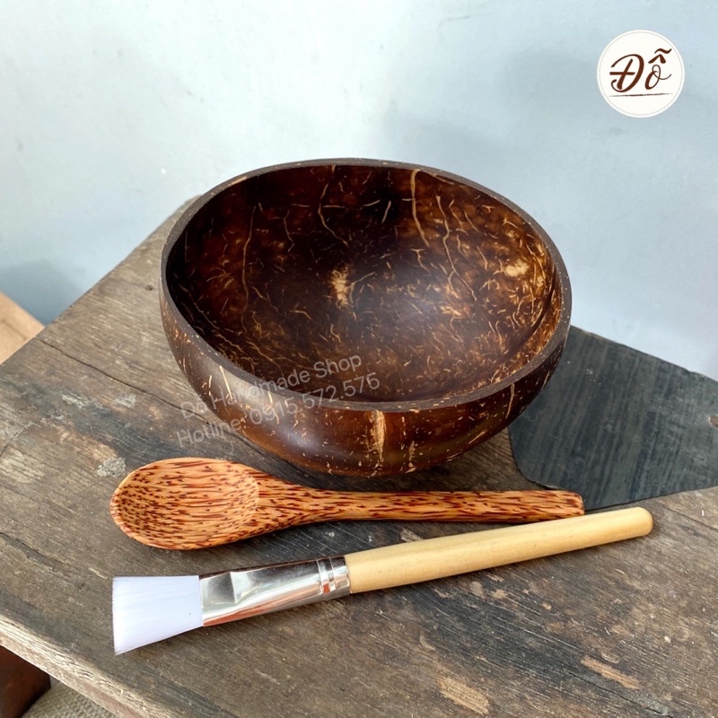 Bộ chén gáo dừa+ cọ cán gỗ + muỗng gỗ dừa 17cmbộ dụng cụ trộn mặt nạ tiện dụng