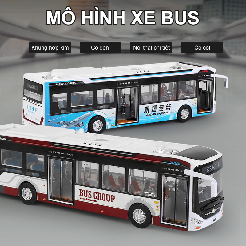 Đồ chơi mô hình xe bus trung có nhạc và đèn cực đẹp bằng kim loại bền bỉ mở được 2 cửa