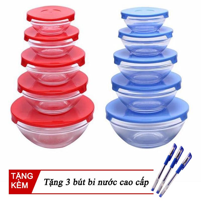 Bộ 5 bát thủy tinh chịu nhiệt có nắp đậy tiện dụng (Màu ngẫu nhiên) + Tặng 3 bút bi xanh cao cấp