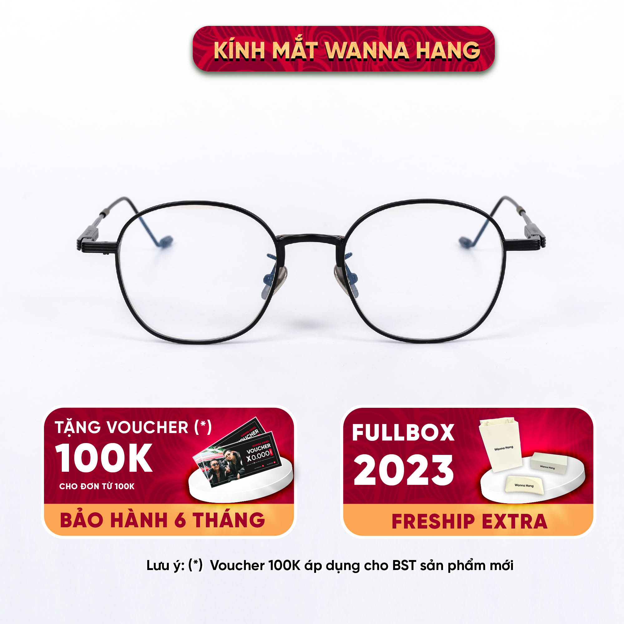 Gọng kính cận nam nữ vuông đẹp chống tia UV cao cấp thời trang Hàn Quốc thiết kế dáng mắt vuông classic chất liệu Titanium cao cấp siêu nhẹ Wanna Hang TOM22 WHGM50