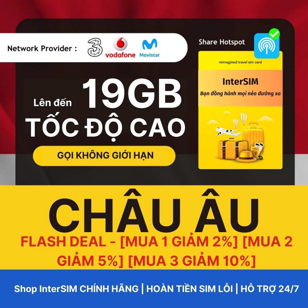 【Sim du lịch Châu Âu Pháp Thuỵ Sĩ Ý】【Nhà mạng Vodafone】【Internet tốc độ cao 4G / 5G Nghe gọi vô hạn】Sim du lịch InterSIM