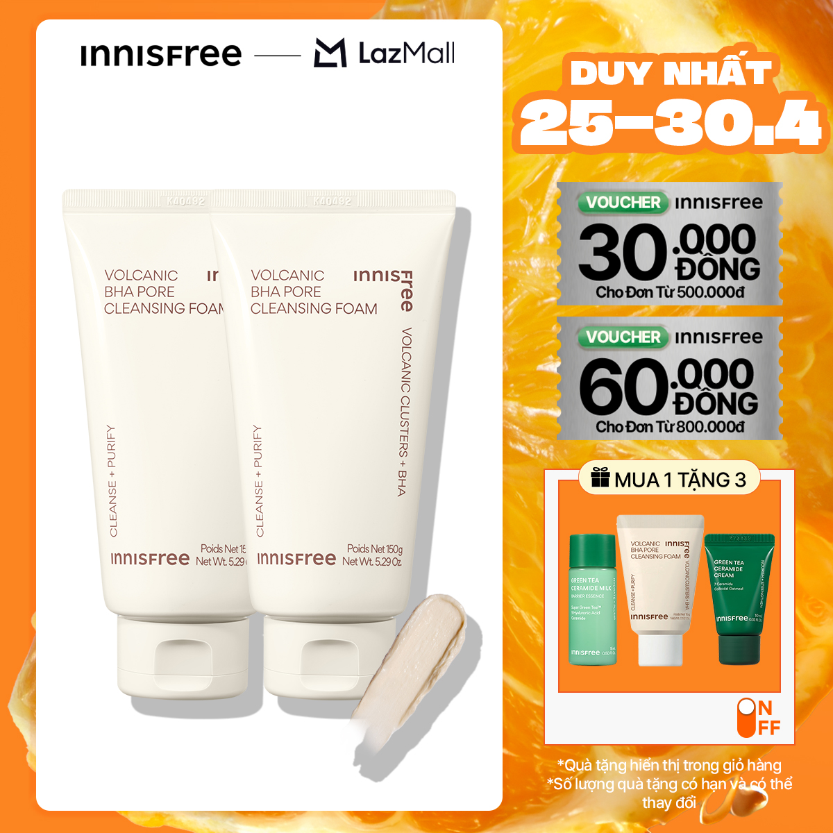 Bộ 2 Sữa rửa mặt se khít lỗ chân lông INNISFREE Volcanic Pore BHA Cleansing Foam 150g*2