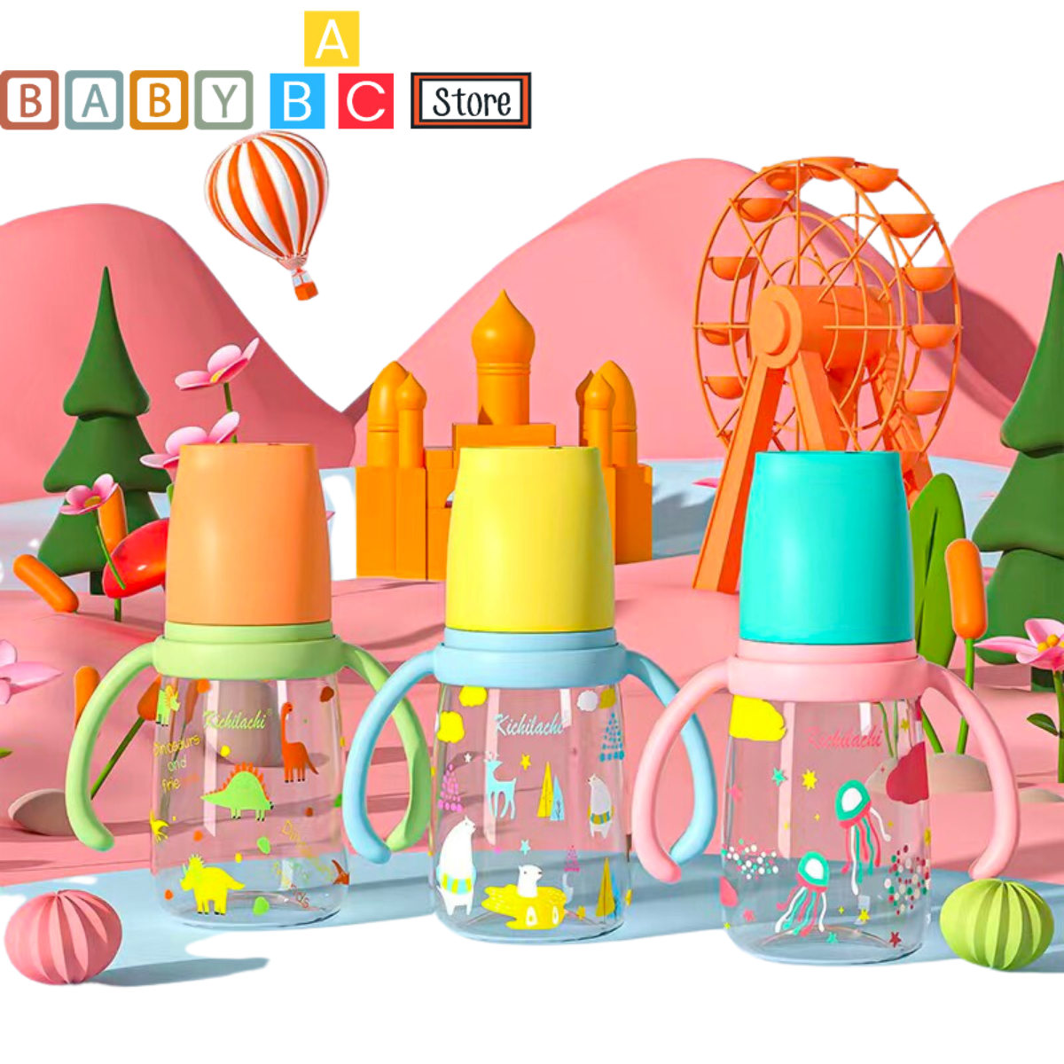 Bình Sữa Cổ Hẹp Kichilachi 140ml PP bình sữa cho bé nhựa cao cấp Có Tay Cầm tặng Van Chống Sặc