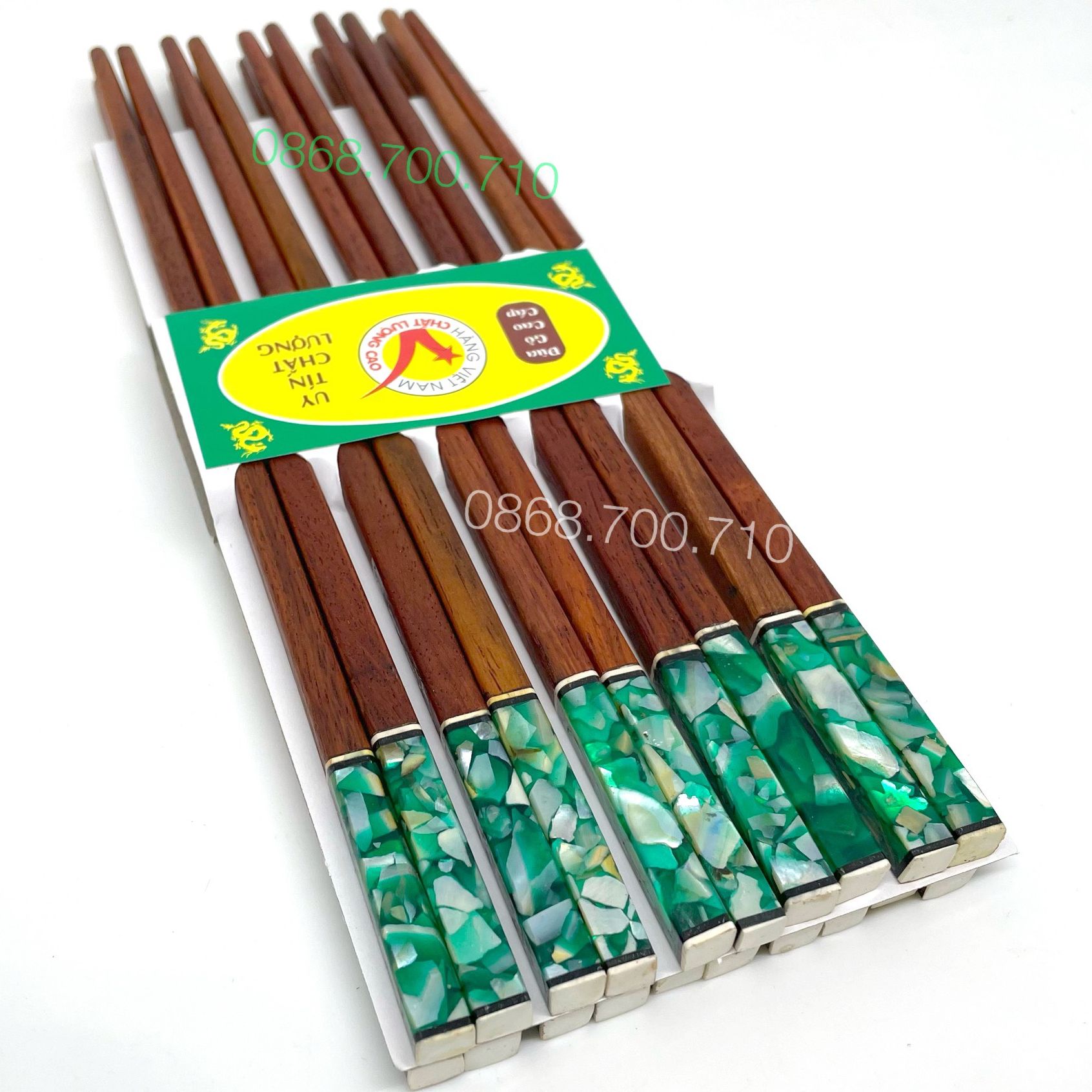 Bộ 10 đôi đũa ăn gỗ Trắc tự nhiên đầu cẩn trai xanh lá (vuông)