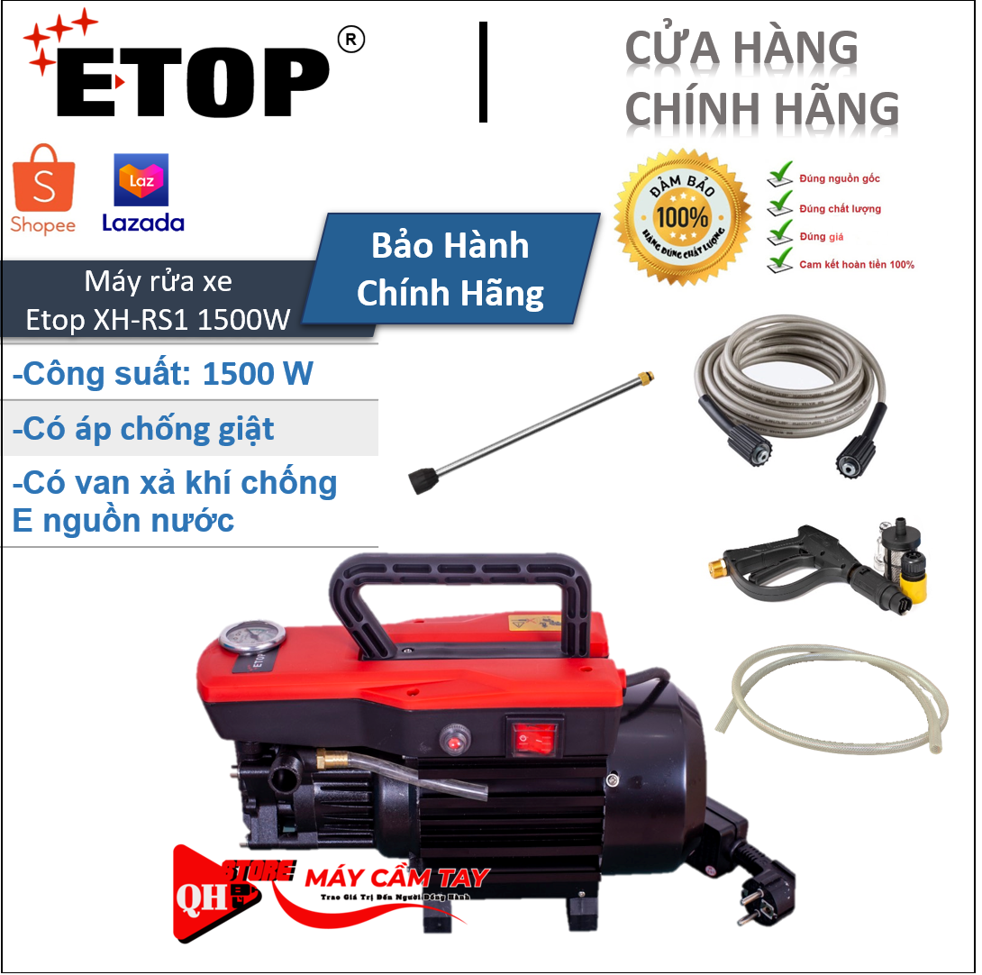 Máy Rửa Xe Gia Đình | Máy Rửa Xe Cao Áp Thái Lan Etop XH-RS1B 1800W Có Áp Chống Giật + Van xả khí | Máy rửa xe chống tiếng ồn