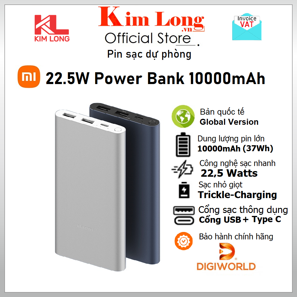 Pin sạc dự phòng Xiaomi 10000 mAh Gen 4 Usb Type-C (In/Out) Công suất 22.5W - Chính hãng Digiworld