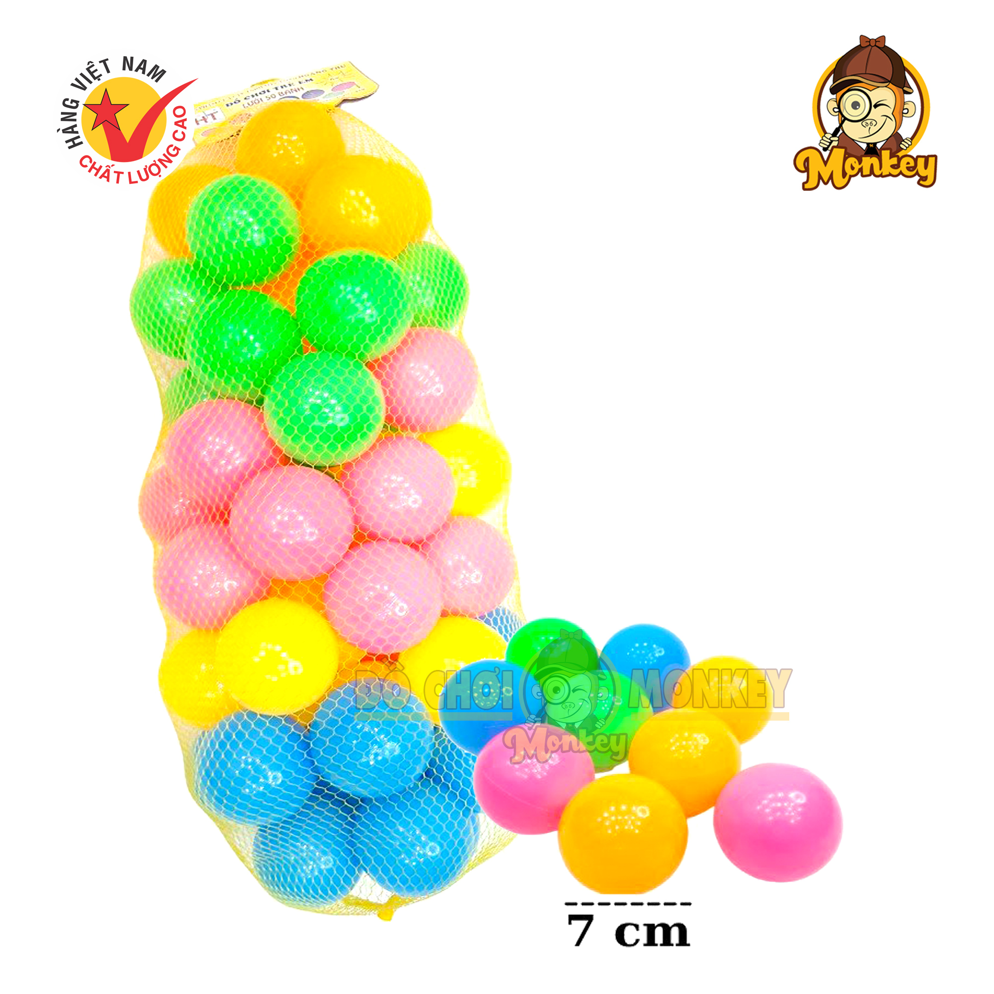 Bộ đồ chơi thông minh vân động ngoài trời - bóng/ banh nhà banh cho bé chơi an toàn túi lưới 50 quả bóng 7cm hàng Việt Nam HT9070 - Monkey