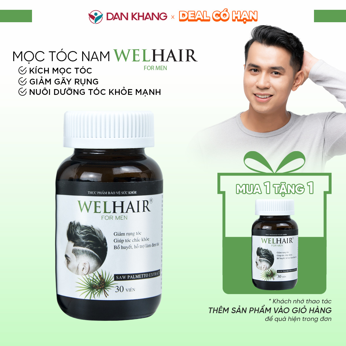 Viên uống mọc tóc nam Welhair For Men Dân Khang giảm nguy cơ rụng tóc hói đầu ở nam giới