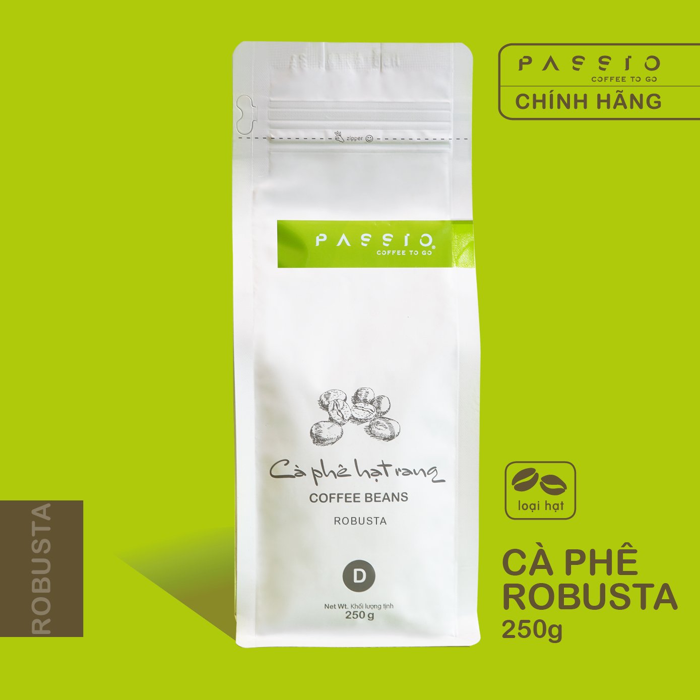 Cà phê Robusta dạng Hạt nguyên chất 100% rang mộc - Passio Coffee 250g