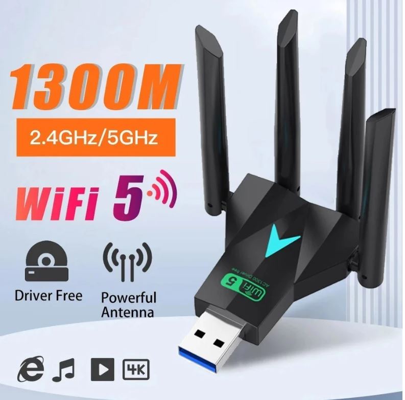  USB thu wifi 1300mbps 4 râu - 4 Ăng-ten thu WiFi mạnh tích hợp sẵn driver trong usb cho máy tính pc laptop 