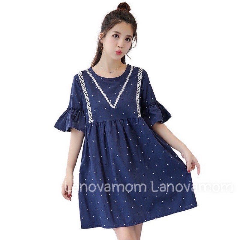 Váy bầu thời trang cao cấp chấm bi cổ chữ M siêu xinh V216