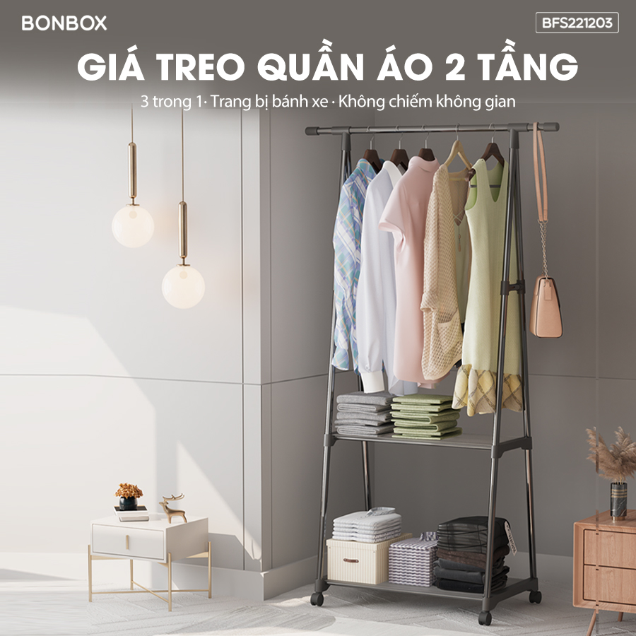 VOUCHER GIẢM SÂU 50K Giá Treo Quần Áo 2 Tầng Bonbox BFS221203 Có Bánh Xe