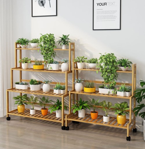 Kệ hoa nhiều tầng bậc thang bằng tre để chậu cây trang trí
