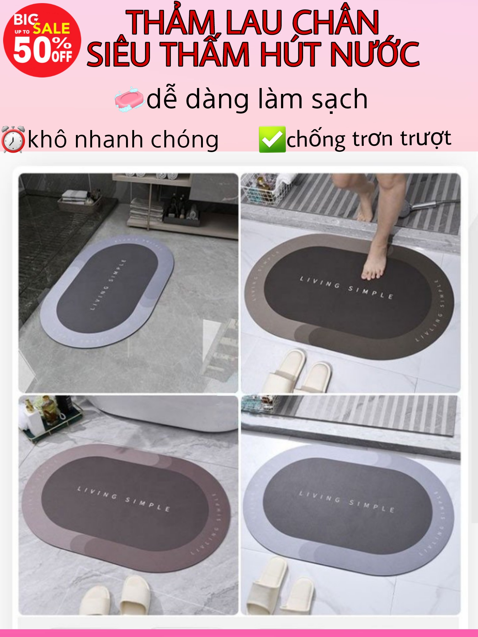Tấm thảm chùi chân, Thảm lau chân lót sàn chống trượt siêu thấm hút nước khô nhanh chóng mới trang trí phòng tắm nhà cửa sang trọng