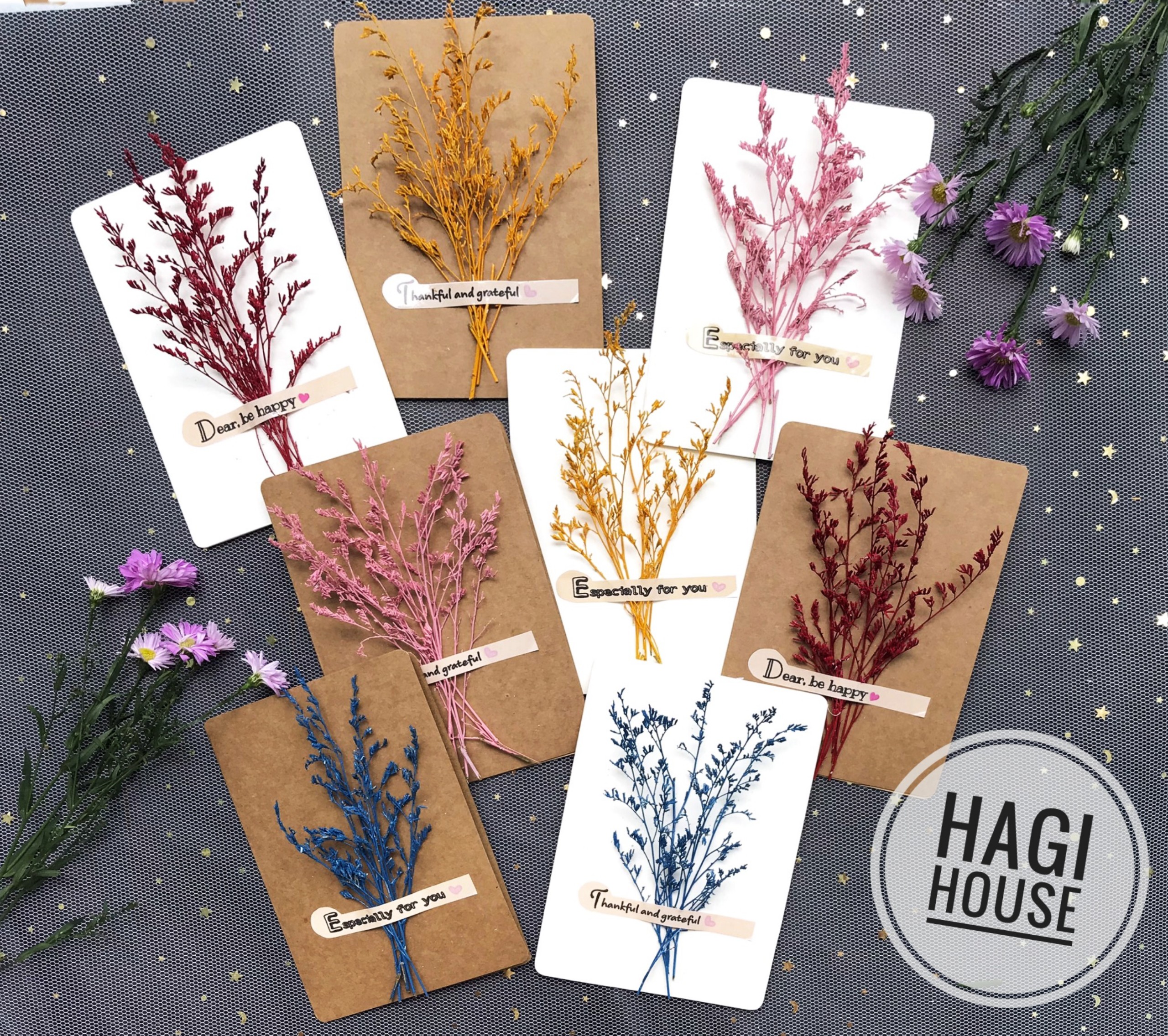 Thiệp hoa khô handmade 10.5x14.5cm kèm bao thư