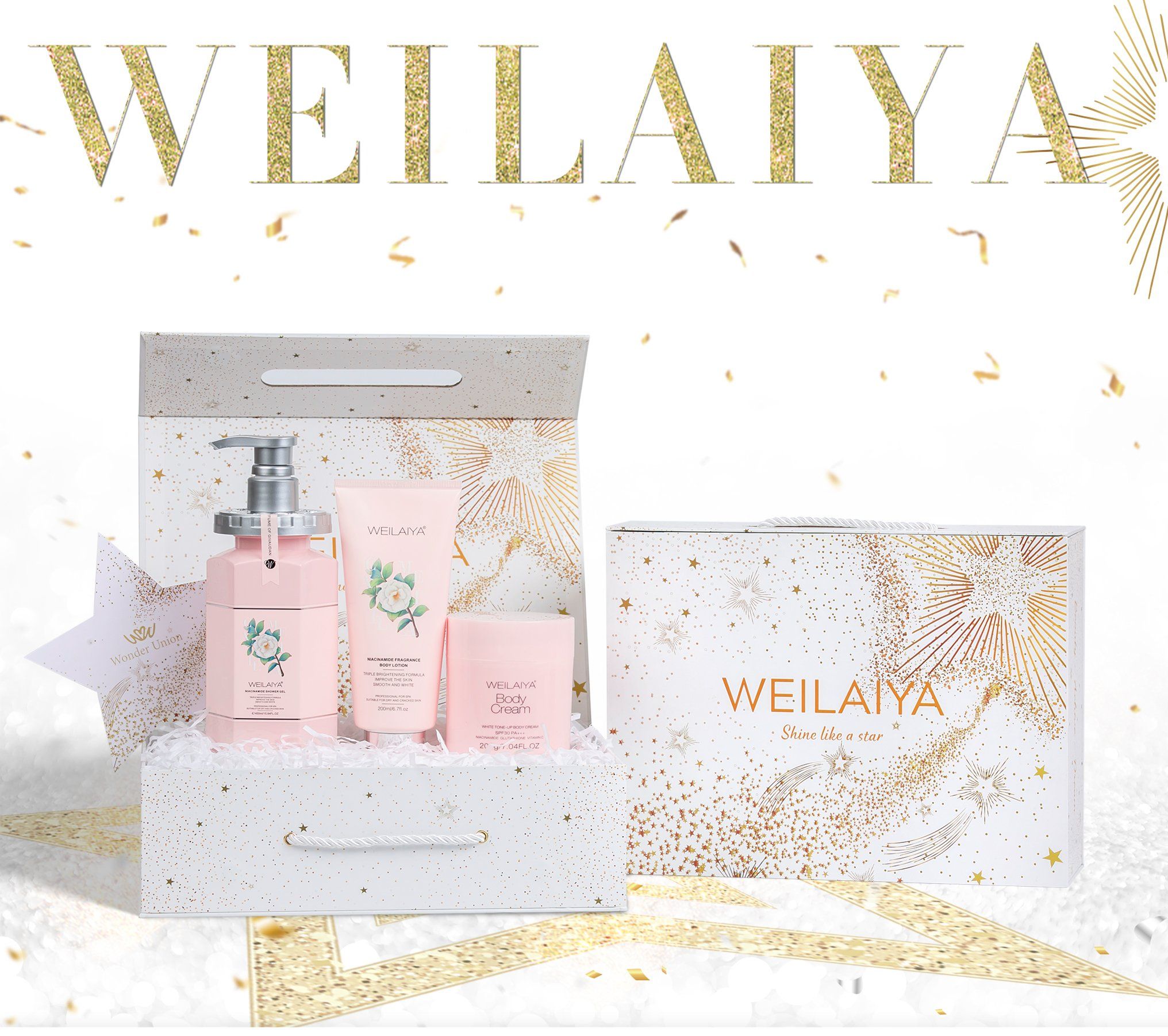 Hộp quà tặng Sữa tắm trắng da Niacinamide Weilaiya, kem body, Lotion dưỡng thể trắng da body hoa trà