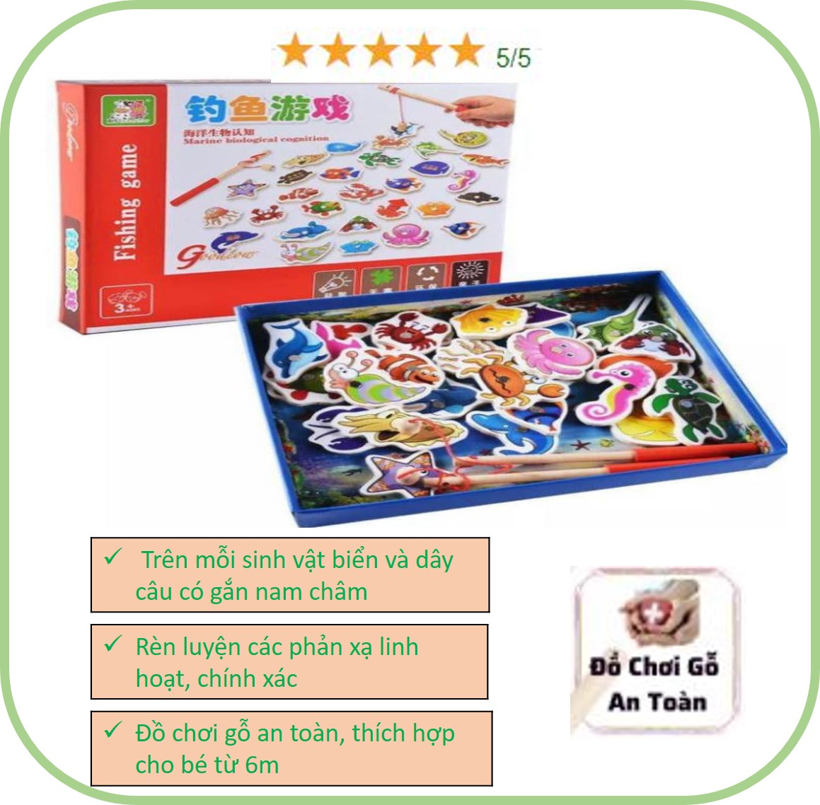 Đồ chơi câu cá gỗ 32 chi tiết, Bộ câu cá bằng gỗ 32 sinh vật biển, Bộ câu cá cho bé hình sinh vật biển sinh động kèm cần câu