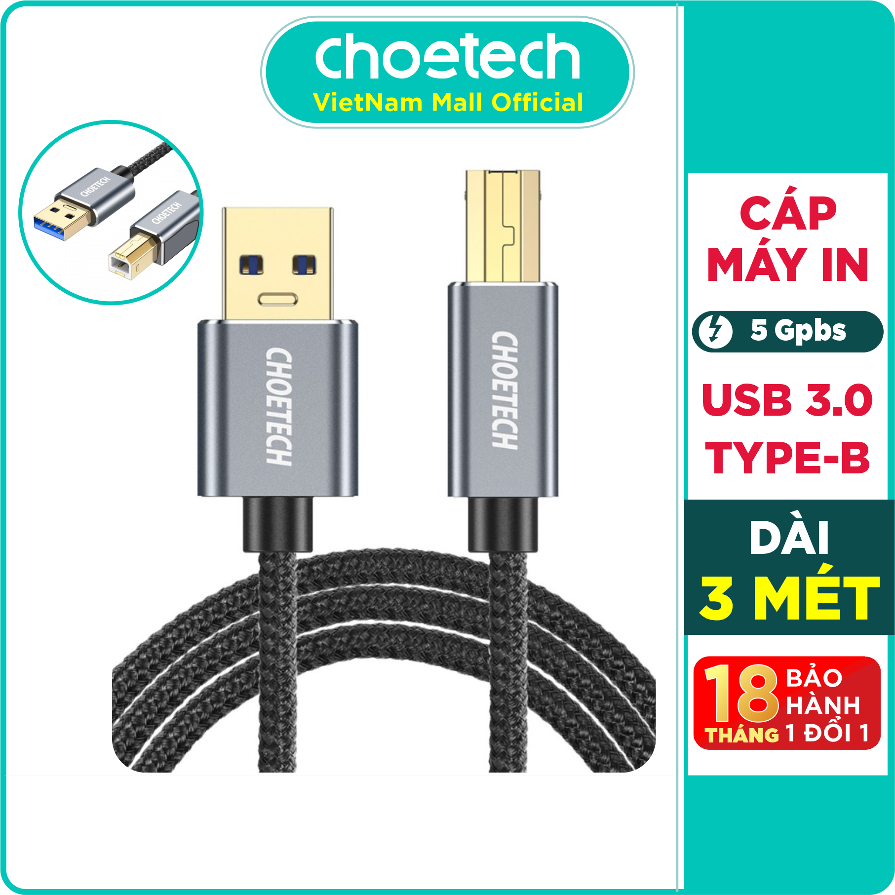 Dây cáp máy in usb 2.0 từ usb-a to type-b dài 3m choetech ab0011 - hàng chính hãng