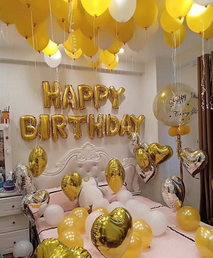 set bóng trang trí sinh nhật HAPPY BIRTHDAY trắng vàng sang trọng