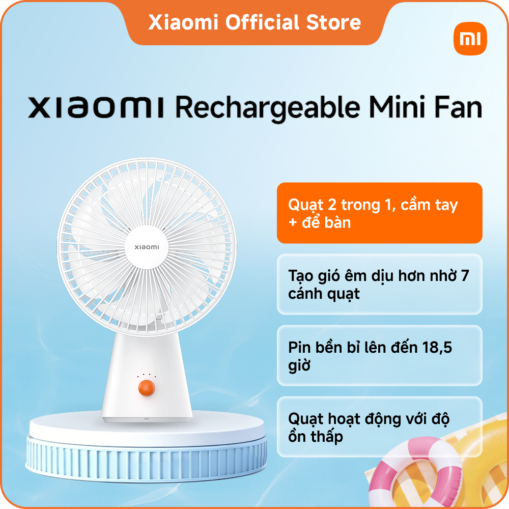Xiaomi Rechargeable Mini Fan | Quạt 2 trong 1, cầm tay + để bàn | Tạo gió êm dịu hơn nhờ 7 cánh quạt | Pin bền bỉ lên đến 18,5 giờ | Quạt hoạt động với độ ồn thấp