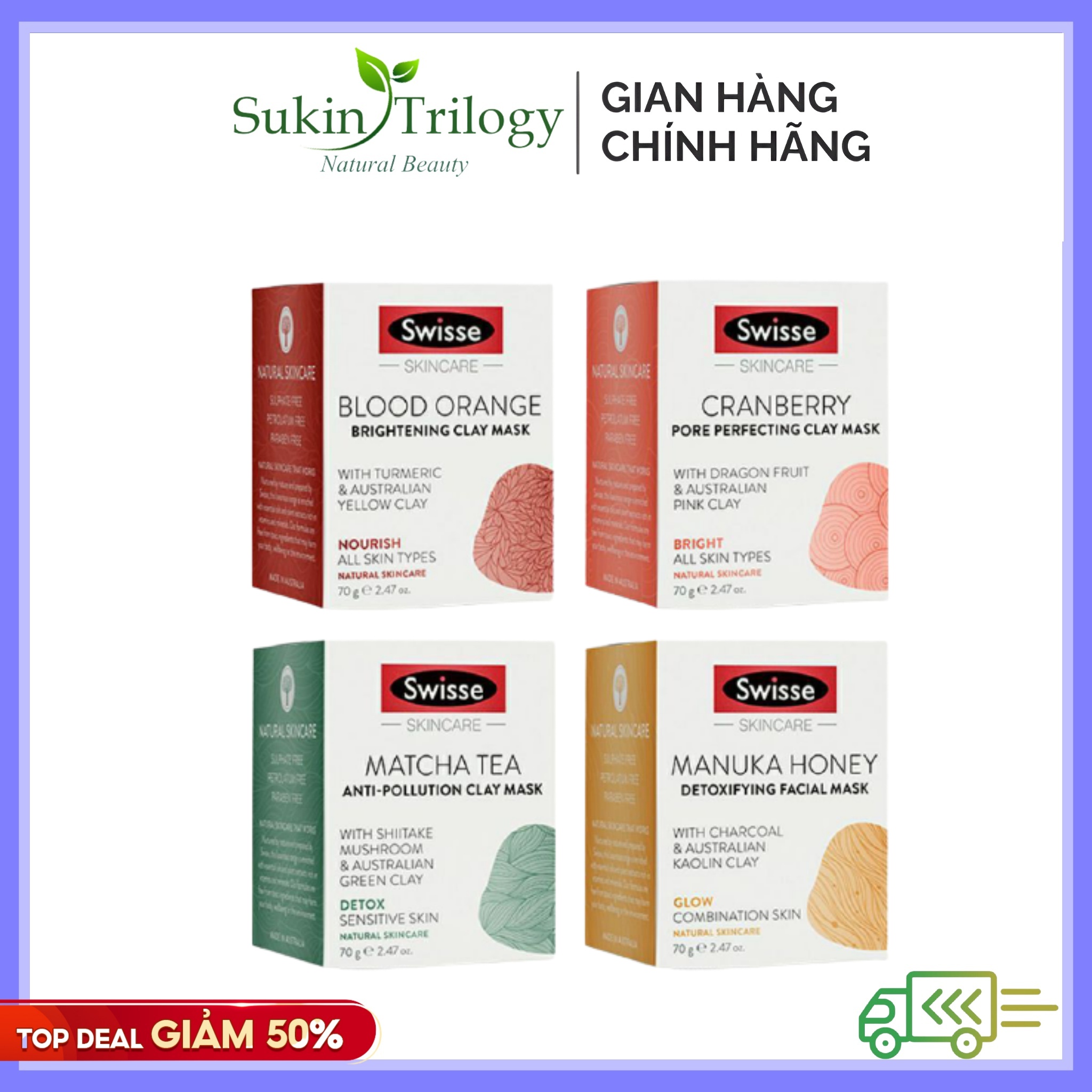 Mặt nạ đất sét Swisse Úc Clay Mask Manuka Honey/ Matcha / Blood Orange/ Hyaluronic 70g