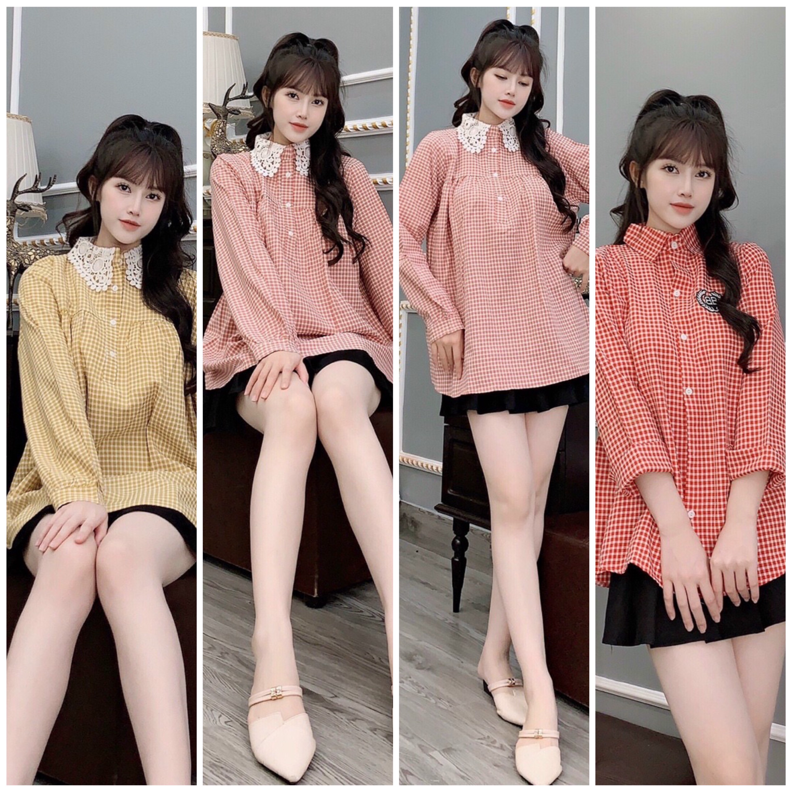 Áo bầu dài tay thu đông kẻ karo dáng sơ mi nhiều màu VM Mom
