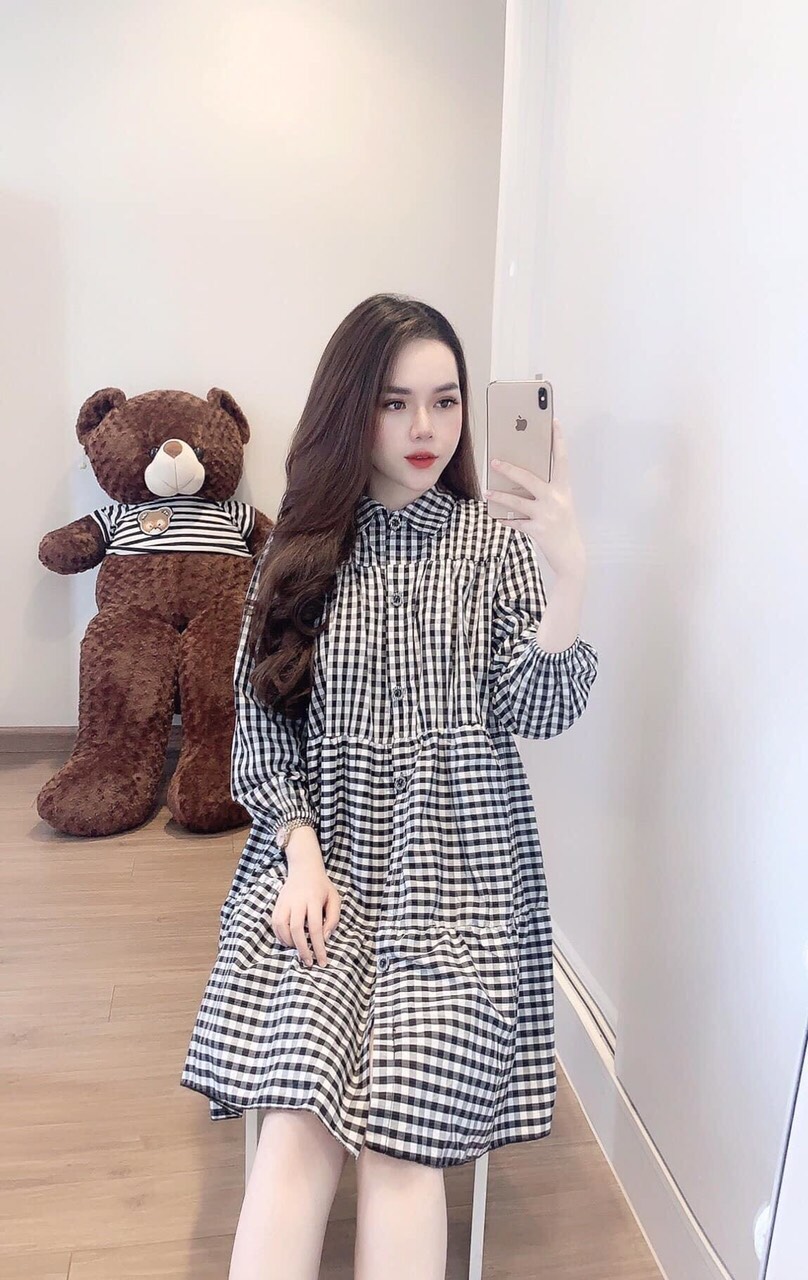 Đầm caro babydoll cổ bẻ kín đáo TTSA0431
