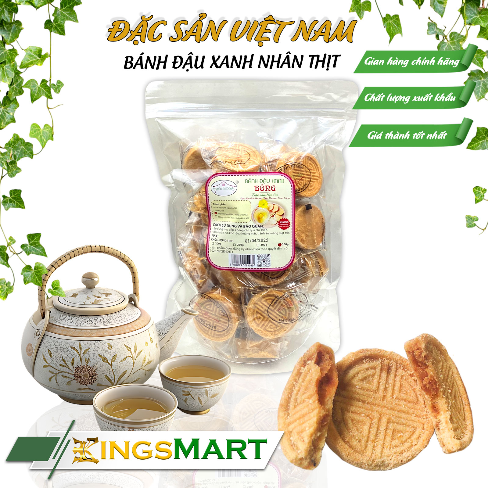 Bánh Đậu Xanh Hội An Nhân Thịt - Thương hiệu Bông - Túi 500g/Hộp 125g