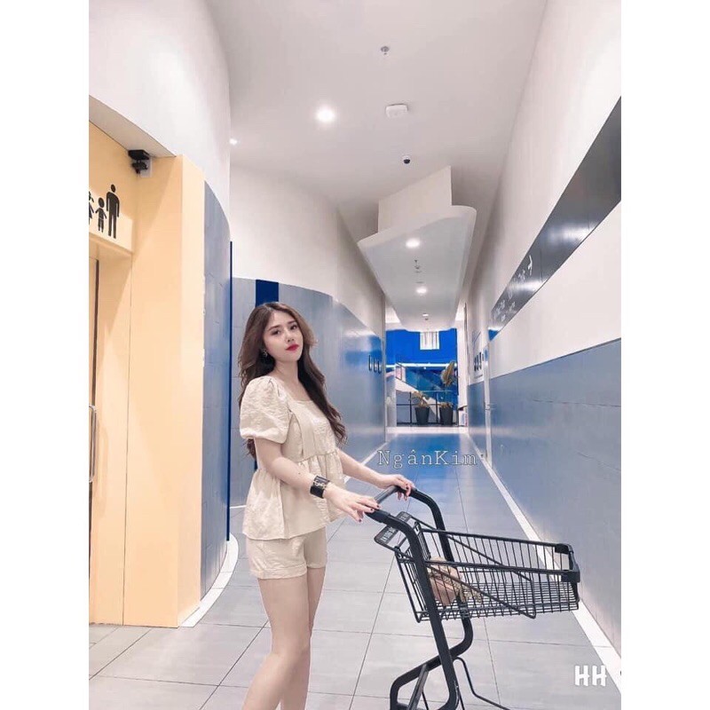 Đồ bộ đùi cổ vuông YSUN Set bộ ngắn tay phồng chất đũi mềm mát D188
