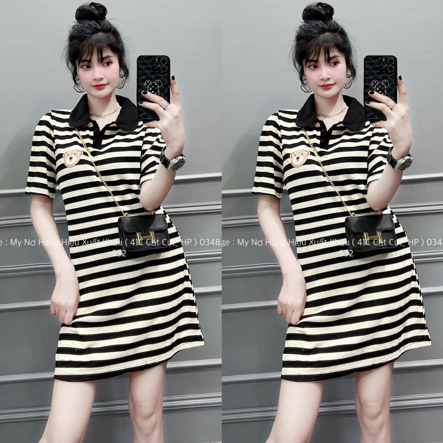 Đầm xuông kẻ sọc ngang, tôn dáng, xinh xịn, đầm thun gân polo, hình thật