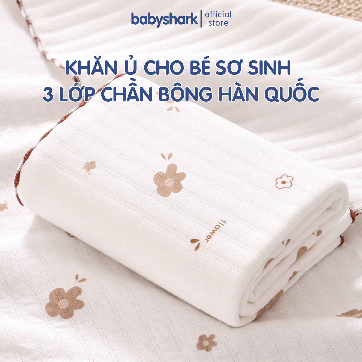 Khăn quấn cho bé sơ sinh Babyshark 3 lớp chần bông phong cách Hàn Quốc mềm mại, giúp bé ngủ ngon thu đông 85x85cm
