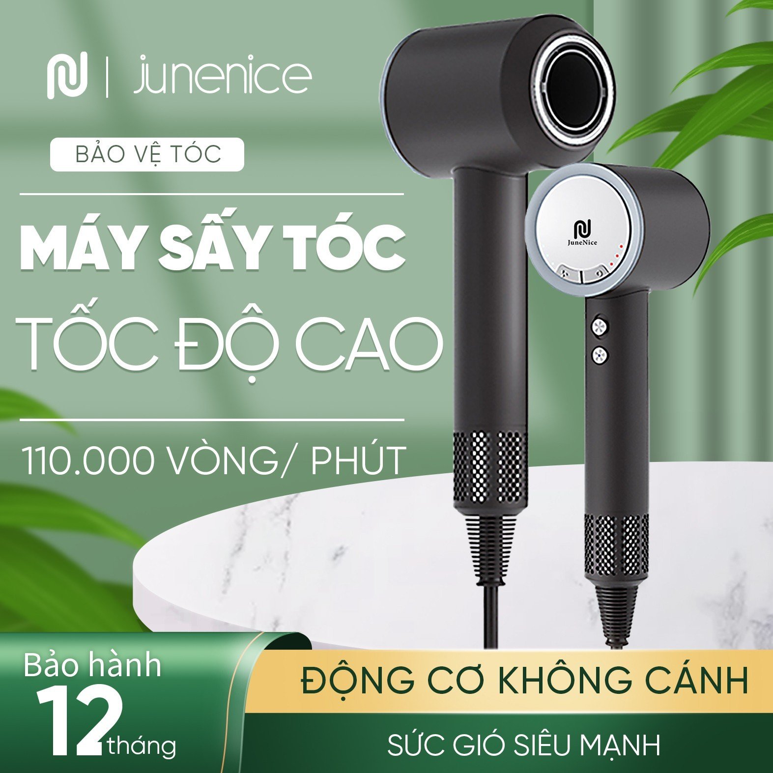 Máy sấy tóc tốc độ cao ion âm June Nice tốc độ động cơ 110k vòng trên 1 phút với 3 nấc nhiệt, 3 nấc gió riêng biệt