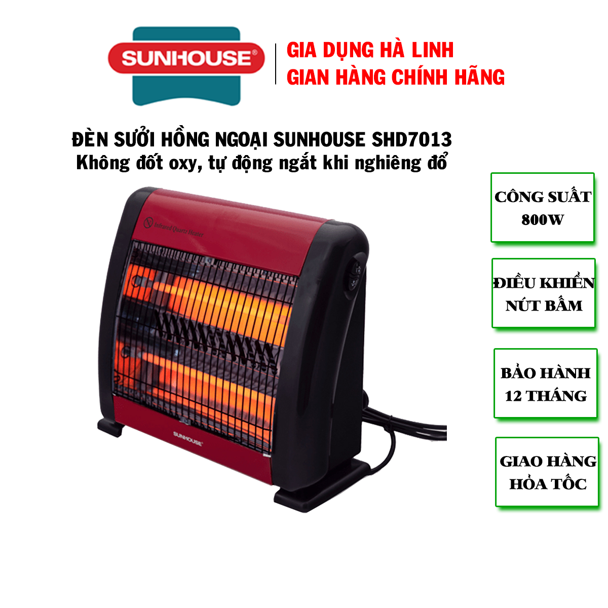 Đèn sưởi điện hồng ngoại Sunhouse SHD7013 - Đèn sưởi 2 bóng - Đèn sưởi phòng ngủ - Đèn sưởi ấm cho bé - Đèn thạch anh chống chói mắt - Bảo hành 12 tháng