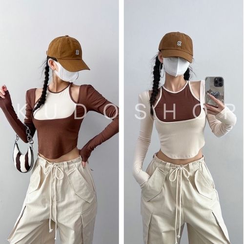 Áo dài tay dáng crt phối ba lỗ quyến rũ KUDOSHOP Áo thun nữ kiểu croptop ba màu trẻ trung,cá tính