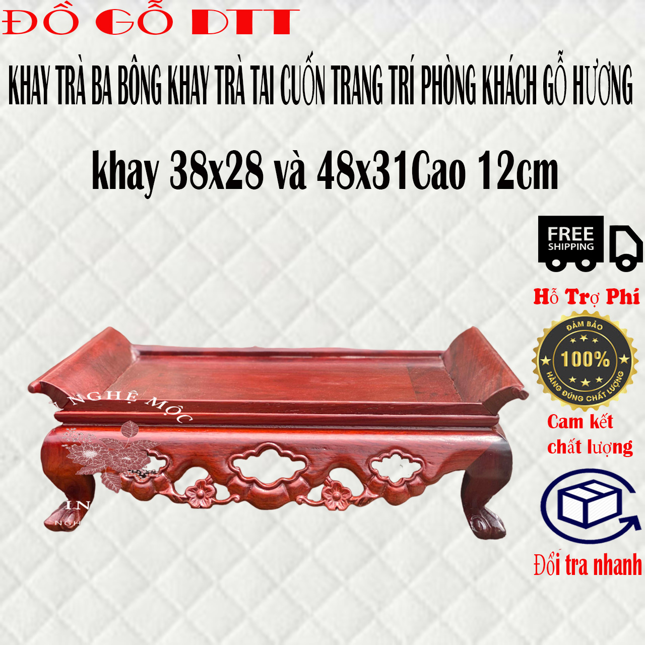 Khay trà ba bông -Khay trà hoa mai khay trà chân thuyền chân quỳ gỗ hương trang trí phong khách