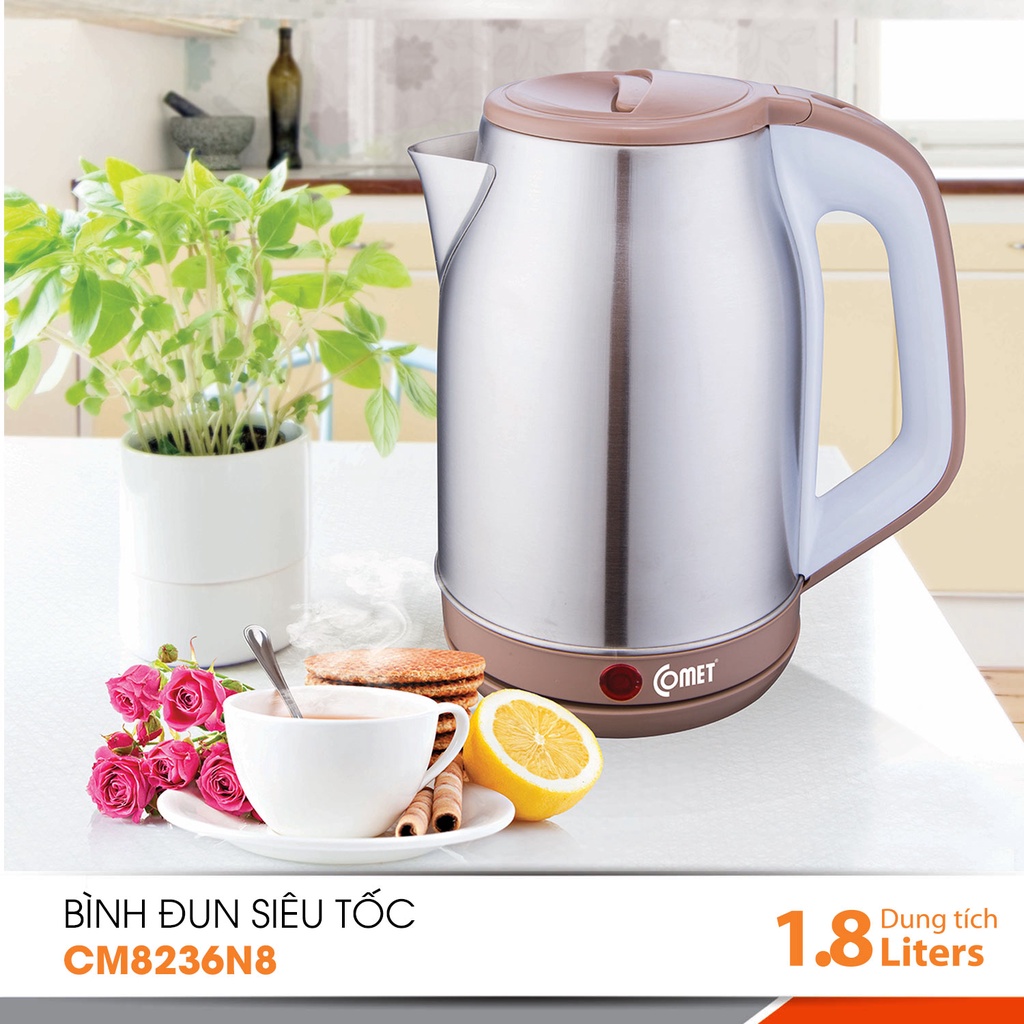 Bình đun siêu tốc 1.8L COMET - CM8236 Inox không gỉ Công suất 1500W, an toàn điện - Bảo hành 12 tháng - Hàng chính hãng