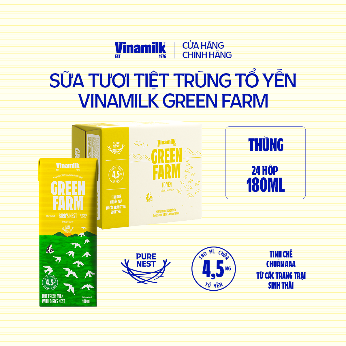 Thùng Sữa Tươi Tiệt Trùng Tổ Yến Vinamilk Green Farm - Thùng 24 hộp 180ml