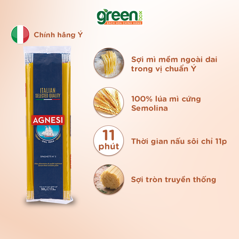 Mì ý sợi to Spaghetti làm từ lúa mì Semolina cao cấp Agnesi Ý 500g nấu ngon với sốt mì ý bò bằm Bolognese, mì ý cho bé