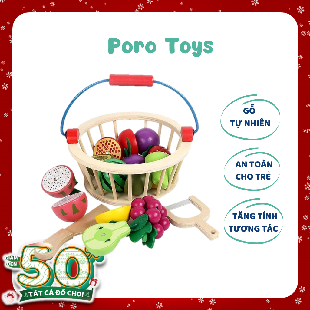 Đồ chơi cắt hoa quả rau củ poro toys cho bé bằng gỗ có nam châm nhiều loại hoa quả khác nhau có giỏ đựng bằng gỗ