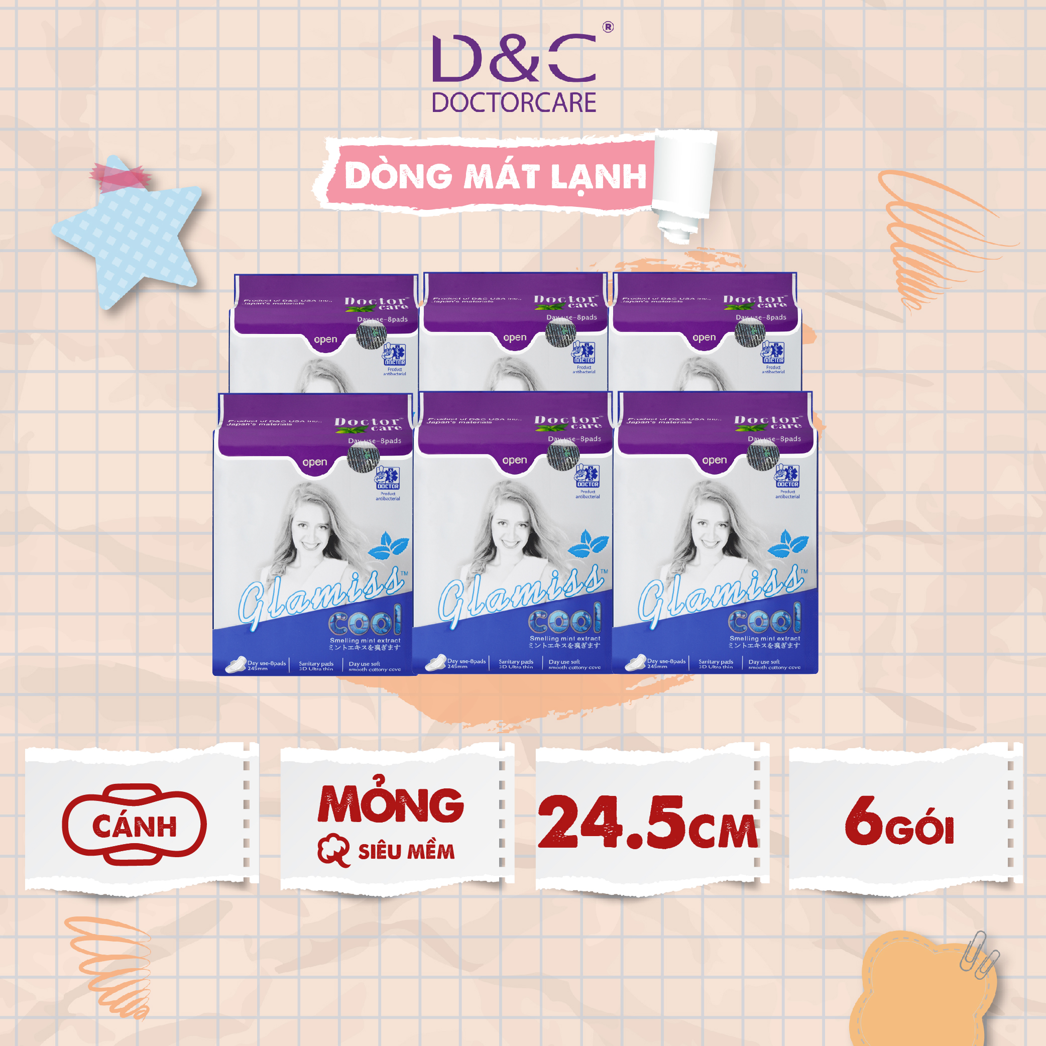 Băng vệ sinh thảo dược Glamiss Cool ban ngày 24cm, băng vệ sinh nguyên liệu từ thiên nhiên xuất xứ Nhật Bản, Đài Loan