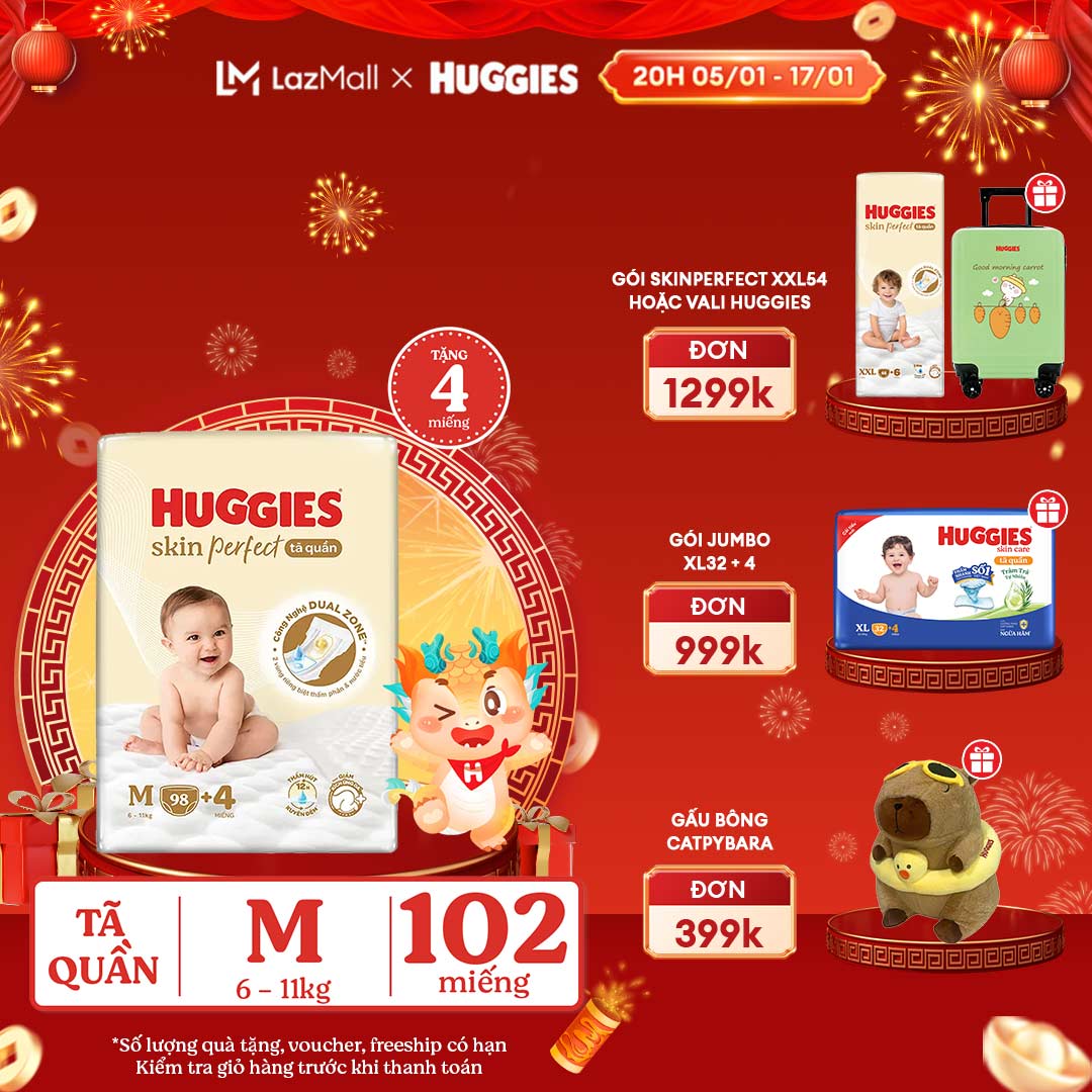 [CHỈ 20H 05-17.01 QUÀ TẶNG ĐH 399K] Tã quần Huggies Skin Perfect M Mega Jumbo 98+4 miếng với 2 vùng thấm giảm kích ứng da